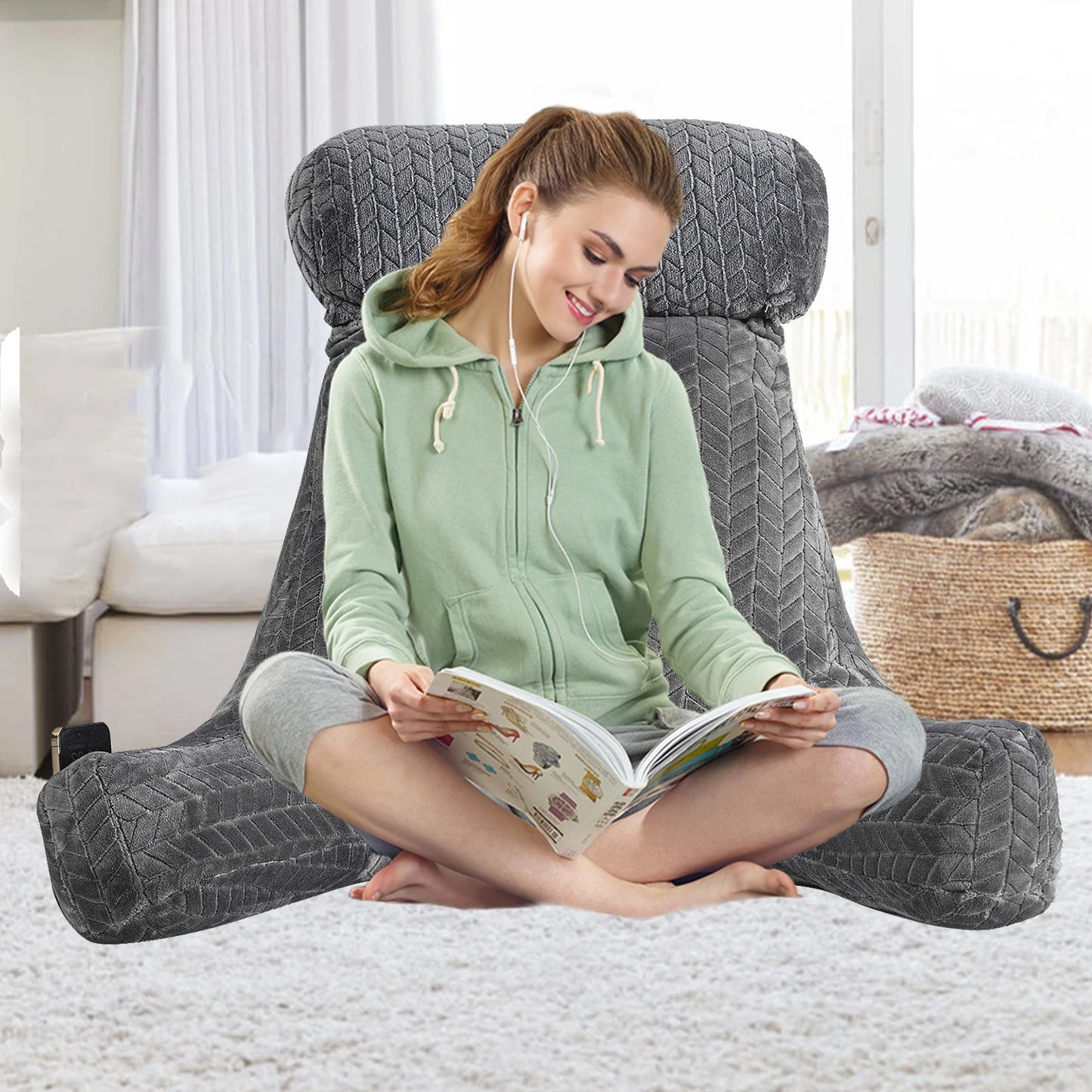 Reading Pillow, Back Support Pillow for Sitting in Bed With Arms, Back Bed Rest Pillow