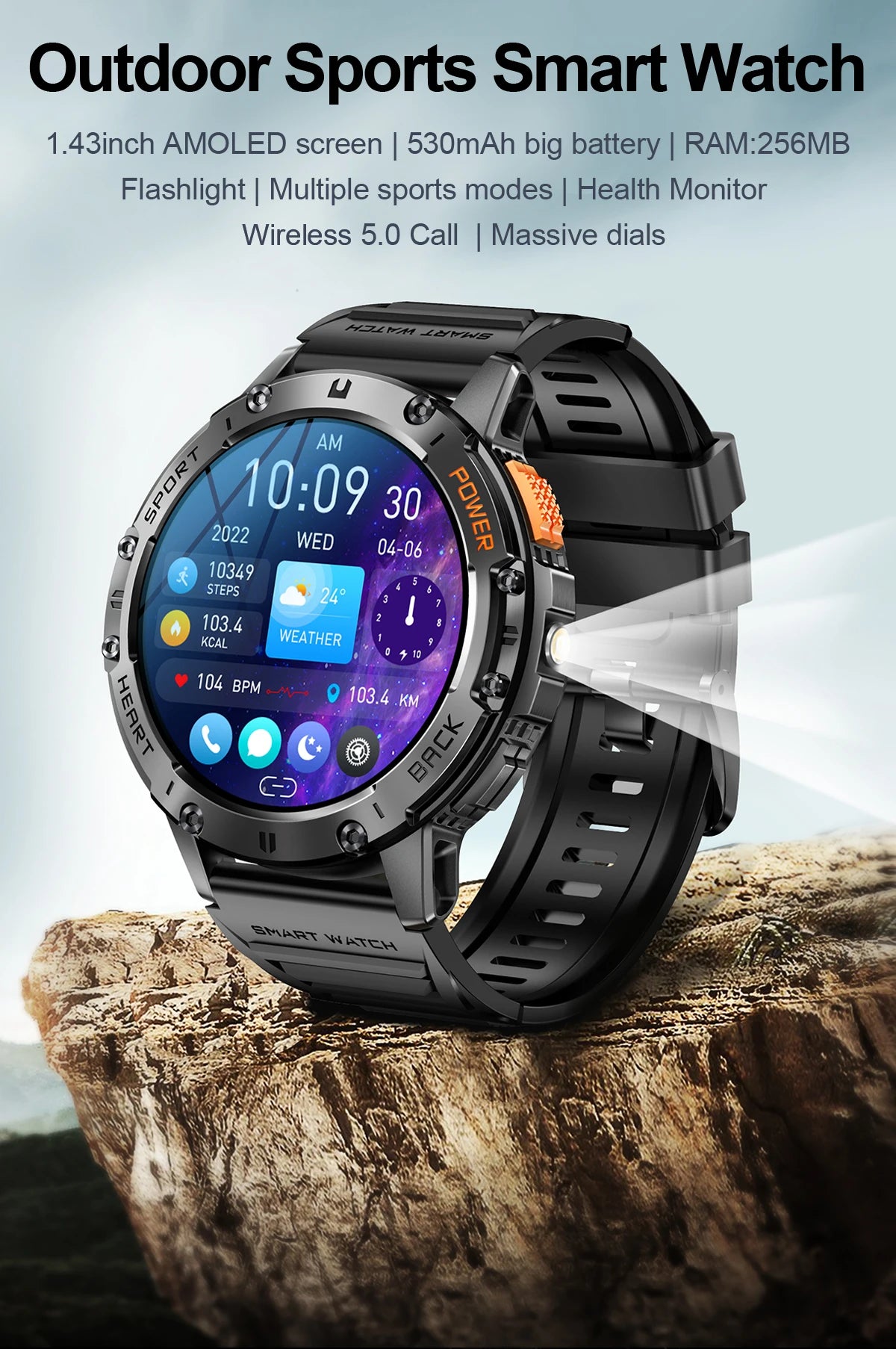 Waterproof Sport Smartwatch With Flashlight