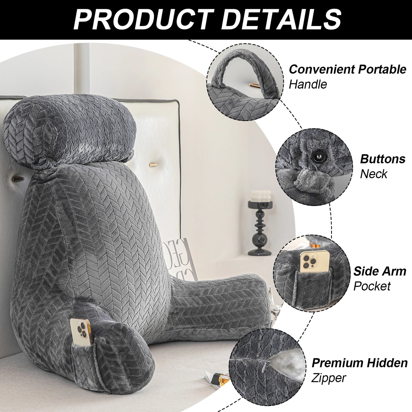 Reading Pillow, Back Support Pillow for Sitting in Bed With Arms, Back Bed Rest Pillow